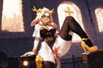 annoyed anthro antlers armor blush bodily_fluids clothing clothing_aside female footwear genital_fluids genitals high_heels horn legwear leotard leotard_aside looking_at_viewer pussy pussy_juice raised_leg solo thigh_highs slop_dragon sybil_(pseudoregalia) jackalope lagomorph mammal