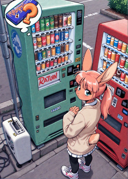 1990s anthro blue_eyes clothing dress female fluffy footwear fur hair high-angle_view leggings legwear machine orange_body orange_fur outside pink_hair ponytail shirt shoes sneakers solo solo_focus text thought_bubble topwear wire holo_(director) lagomorph leporid mammal rabbit absurd_res edit hi_res japanese_text