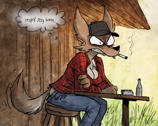 3_fingers angry anthro big_breasts bottomwear breasts cigarette cleavage clothed clothing denim denim_clothing drunk female fingers furniture jeans outside pants pattern_clothing pattern_shirt pattern_topwear plaid plaid_clothing plaid_shirt plaid_topwear porch shirt solo stool substance_intoxication table topwear arantonak canid canine canis coyote mammal hi_res