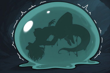 anthro arched_back bent_leg cave dripping female goo_transformation hair mid_transformation nipples open_mouth side_view silhouette solo suspended tail thick_tail transformation unknown_director human mammal hi_res