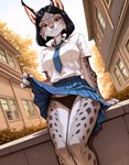 anthro bottomwear breasts clothed clothing clothing_lift female necktie orange_eyes outside panties prick_ears school_uniform skirt skirt_lift solo spots spotted_body underwear uniform anonymous_director felid feline lynx mammal absurd_res hi_res