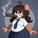 anthro biped bottomwear brown_eyes cigar cigar_in_mouth clothing eyewear female glasses necktie school_uniform skirt solo uniform anonymous_director invoke_high mammal mouse murid murine rodent 1:1