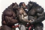 anthro bara bodily_fluids drooling fur genital_fluids group group_sex kissing knot male musclegut muscular precum saliva sex threesome transformation trio satyrman canid canine human humanoid hybrid mammal were werecanid werecanine werewolf hi_res