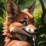 anthro bodily_fluids close-up collar cum cum_on_face cum_on_shoulder cum_on_tongue female forest forest_background genital_fluids green_eyes nature nature_background plant solo tongue tree whiskers kaceyk canid canine fox mammal portrait