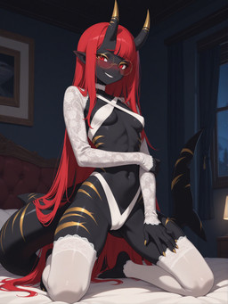 abs anthro bed black_body blush breasts camel_toe choker clothing colored_nails eyewear female furniture glasses gold_markings hair horn humanoid_pointy_ears jewelry kneeling lace lace_armwear lace_legwear legwear long_hair markings nails necklace night on_bed red_eyes red_hair scar scared shark_tail sharkdemon sharp_teeth small_breasts smile solo teeth thigh_highs under_boob alucard_(director) demon fish hybrid marine shark absurd_res hi_res