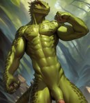 abs anthro argonian balls bethesda_softworks forest genitals glans green_body hi_res male muscular muscular_anthro muscular_male navel penis plant red_eyes reptile riseflux scalie solo swamp the_elder_scrolls tree