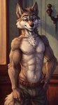 abs absurd_res anthro bedroom_eyes belt biceps bottomwear bulge canid canine canis chest_tuft clothed clothing fur grey_body grey_fur hand_on_hip hi_res male mammal mrmystery muscular muscular_male narrowed_eyes nipples pants relaxed seductive solo topless topless_male tuft wolf