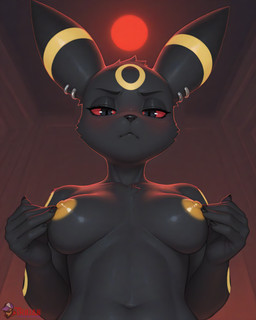 5_fingers anthro black_body black_eyes black_fur black_nose blurred_background blush breasts claws ear_piercing female fingers front_view fur hand_on_breast looking_at_viewer low-angle_view night nipples nude piercing pokemorph pouting red_light red_sclera solo upper_body yellow_nipples srtrojan nintendo pokemon canid canine eeveelution generation_2_pokemon mammal pokemon_(species) umbreon absurd_res hi_res watermark