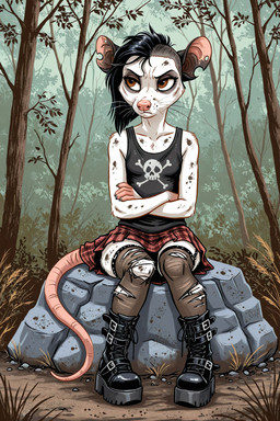 annoyed biped black_hair boots bottomwear brown_eyes clothed clothing crossed_arms day detailed_background dirty ear_piercing female footwear forest frown fur goth grass hair legwear moss nature notched_ear outside piercing pink_nose plant punk rock shirt sitting sitting_on_rock skirt solo stockings tail tank_top thigh_highs topwear torn_clothing torn_legwear torn_stockings tree whiskers white_body white_fur anonymous_director alice_(a.d.) american_opossum mammal marsupial murid murine rodent hi_res