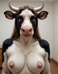 anthro clothed clothing female fur horn pink_nose solo topless upper_body girlswithsnouts bovid bovine cattle holstein_friesian_cattle mammal hi_res