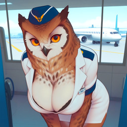 airport anthro beak breasts brown_body brown_feathers cleavage clothed clothing feathers female flight_attendant inside lace lace_bra leaning leaning_forward looking_at_viewer name_tag non-mammal_breasts orange_eyes solo spots spotted_body white_body white_feathers zaddha avian bird owl hi_res