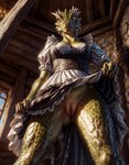 anthro breasts clothed clothing clothing_lift dress dress_lift female genitals green_body green_scales green_skin inside looking_at_viewer low-angle_view maid_uniform medieval no_underwear non-mammal_breasts partially_clothed pussy realistic scales short_sleeves skyrim solo standing uniform yellow_eyes lichking127 argonian reptile scalie hi_res