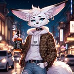 alcohol anthro beverage blue_eyes canid canine city detailed_background fennec fox fur lucifluffy male mammal solo white_body white_fur wilek