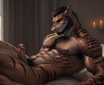 anthro bedroom bulgewhisper genitals laying male male/male muscular nipple_piercing nipples penis piercing solo teasing