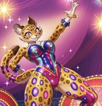 anthro big_breasts breasts circus clawroline_(kirby) clothing ear_piercing ear_ring eyelashes eyeshadow female jewelry legwear leotard lights makeup piercing purple_eyes purple_spots ring_piercing solo sparkling_eyes spots stockings gusc3 felid leopard mammal pantherine hi_res