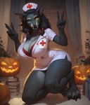 anthro big_breasts black_body black_fur black_hair bra breasts chest_tuft claws cleavage clothed clothing digitigrade double_v_sign fangs female fur gesture hair halloween hat headgear headwear jack-o'-lantern kneeling mouth_closed nurse_clothing nurse_hat nurse_headwear nurse_outfit one_eye_closed pony_diffusion_(model) smile solo thick_thighs toe_claws tuft underwear v_sign wink yellow_eyes director_aislopper canid mammal were werecanid worgen absurd_res hi_res