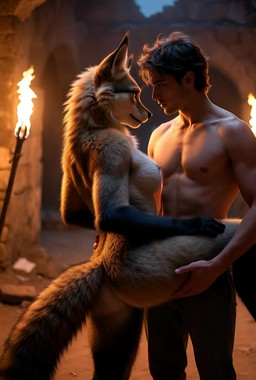 abs anthro breasts brown_hair countershading detailed_background detailed_fur duo eye_contact female female_anthro female_on_human fire fluffy fluffy_tail fur hair human_on_anthro interspecies intimate leg_wrap looking_at_another male male/female male_human male_on_anthro nipples nose_to_nose orange_body orange_fur romantic romantic_couple shirtless_male sound_effects stone_wall torch wall_(structure) fgjgydjkfgukh canid canine fox human mammal animated detailed hi_res short_playtime webm