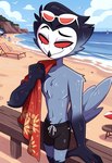 abs anthro beach beach_background beach_towel beak clothed clothing eyewear feathers hair helluva_boss looking_at_viewer male partially_clothed red_eyes seaside smile solo sunglasses swimming_trunks swimwear tail_feathers towel wet wet_body owlfucker stolas_(helluva_boss) avian bird demon owl owl_demon absurd_res hi_res