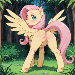 anus blue_eyes clitoris erect_nipples feathers female feral fluffy_fur forest forest_background fur genitals glistening glistening_lips hair hooves innie_pussy lips looking_at_viewer looking_back nature nature_background nipples pink_hair plant presenting pussy quadruped shrub solo teats tree tuft wide_eyed wings yellow_body yellow_fur numeradin friendship_is_magic my_little_pony fluttershy_(mlp) equid equine mammal hi_res