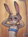 anthro bandeau blush clothing ears_up female flat_chested hand_on_head inside looking_at_viewer shower showering smile solo tile tile_wall topwear wall_(structure) water_drops wet wet_body zootopia anonymous_director judy_hopps lagomorph leporid mammal rabbit hi_res