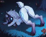 anthro anus ass_up blue_nipples blue_pussy bodily_fluids breasts butt cyanotic_epithelium female fur genital_fluids genitals glowing glowing_markings hair high-angle_view hooves imminent_sex inviting looking_at_viewer looking_back looking_back_at_viewer markings mask medium_breasts nipples on_grass on_ground outside presenting presenting_hindquarters presenting_pussy pussy pussy_juice solo unguligrade white_body white_fur white_hair protokebab league_of_legends kindred_(league_of_legends) lamb_(league_of_legends) bovid caprine goat mammal hi_res