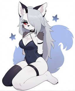 anthro breasts clothing female medium_breasts one-piece_swimsuit red_eyes sitting solo star swimwear thick_thighs unknown_director helluva_boss loona_(helluva_boss) canid canid_demon canine canis demon hellhound mammal wolf hi_res