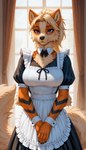 anthro big_breasts black_body black_fur blonde_hair breasts choker claws clothing female fur hair inside jewelry looking_at_viewer maid_apron maid_uniform mouth_closed necklace orange_body orange_fur purple_eyes solo standing tuft uniform ayo_keito arcanine generation_1_pokemon pokemon_(species) absurd_res hi_res