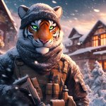 anthro ballistic_vest black_stripes building clothing felid fur green_eyes gun hat headgear headwear male mammal markings military military_uniform mountains nikkolaus orange_body orange_fur pantherine pink_nose plant ranged_weapon rifle sarge_the_tiger scarf shirt snow snow_everywhere snow_on_branches snow_on_character snow_on_ground solo striped_body striped_fur striped_markings stripes t-shirt tiger topwear tree uniform vest weapon whisker_spots whiskers