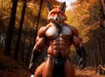 abs anthro autumn bara body_hair bottomwear chest_tuft clothing fluffy fluffy_tail forest glowing glowing_eyes happy_trail loincloth male muscular muscular_male muscular_thighs pecs plant silk solo tree tuft walking kludgecopter_(director) canid canine fox mammal animated hi_res webm