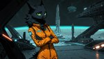 anthro arms_crossed beak black_body black_fur breasts claws clothed clothing female fluffy fully_clothed fur futuristic green_sclera jumpsuit looking_at_viewer neck_tuft orange_clothing science_fiction slim small_breasts solo space spaceport standing tuft oldhroft shadow_(oldhroft) avian velari absurd_res hi_res wallpaper