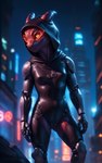 anthro black_clothing breasts camel_toe city city_background clothing cybernetic_arm cybernetic_limb cybernetics cyberpunk female hi_res kobold leather leather_clothing machine marcus64 nipple_outline non-mammal_breasts red_body red_skin scalie solo visor