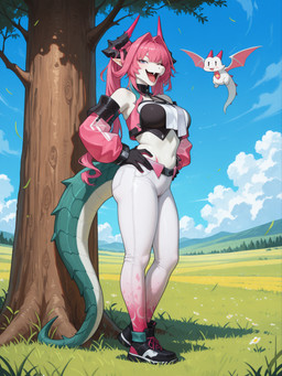 anthro breasts clothing dragon_horn dragon_tail female footwear grass hair horn legwear medium_breasts mythology pink_hair plant shoes sleeves solo standing tight_clothing tights tree twintails_(hairstyle) thygap dragon mythological_creature mythological_scalie scalie hi_res