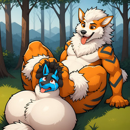 3_toes 5_fingers animal_genitalia anthro balls big_balls duo feet fingers forest genitals huge_balls hyper hyper_balls hyper_genitalia male plant sheath sheath_vore sitting toes tree vore thedavid nintendo pokemon arcanine generation_1_pokemon generation_4_pokemon lucario pokemon_(species) hi_res