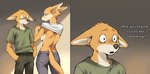 anthro back_boob bottomwear breasts clothed clothing clothing_lift confusion dark_eyes dialogue duo female fur humor inside male medium_breasts pants question_mark shirt shirt_lift t-shirt tan_body tan_fur text topwear wheel_of_fortune canid canine fox mammal comic hi_res