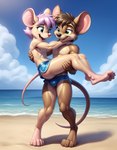 anthro beach_background bottomwear brown_body brown_fur bulge carrying_partner clothed clothing digitigrade duo fur girly green_eyes hotpants male male/male shorts topless topless_male otterball mammal mouse murid murine rodent hi_res