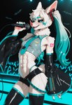 abs alternate_species anthro armwear athletic athletic_anthro athletic_female blue_eyes blue_hair bottomwear breasts claws clothed clothing cosplay crop_top ear_piercing electronics fangs female fur furrification hair highlights_(coloring) hotpants latex legwear long_hair looking_at_viewer markings microphone midriff multicolored_hair muscular muscular_anthro muscular_female navel navel_piercing neck_tuft necktie open_mouth pawpads piercing shirt shorts singing small_breasts smile solo tail teeth thigh_highs topwear tuft two_tone_hair underwear white_body white_fur white_hair anotheranon hatsune_miku_(character) bat mammal absurd_res hi_res