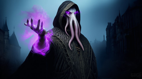 clothed clothing face_tentacles glowing glowing_eyes hood_up hooded_cloak magic magic_user male male_humanoid outside purple_eyes robe solo telegram telegram_logo tentacles text sergalbutt dungeons_and_dragons humanoid mind_flayer monster 16:9 dark_theme detailed director_name hi_res signature url widescreen