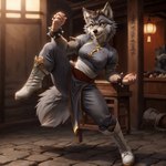 1:1 anthro canid canine canis chinese_market chun-li clothing female fighting_pose fur furrfication grey_body grey_fur harmfulpilot hi_res mammal pose solo street_fighter wolf