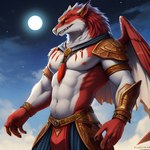 anthro armor athletic avian beak clothed clothing cloud director_reineke fur gryphon hi_res long_ears looking_at_viewer male moon mythological_avian partially_clothed red_body red_fur sky solo star white_body white_fur wings yellow_eyes