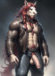 abs animal_genitalia animal_penis anthro bottomwear clothing equid equine equine_genitalia equine_penis genitals green_eyes hair hi_res horse icefoxai jacket leather leather_clothing leather_jacket leather_topwear long_hair male mammal navel pants pecs penis red_hair solo topwear unzipped