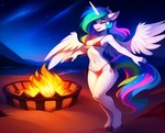 aiboi anthro beach bikini breasts chest_tuft clothing cosmic_hair dancing detailed_background equid equine ethereal_hair eyes_closed female fire firepit happy hooves horn mammal medium_breasts micro_bikini my_little_pony night princess_celestia_(mlp) seaside side-tie_bikini solo swimwear tuft white_body winged_unicorn wings