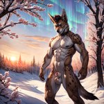 abs animal_genitalia animal_penis anthro athletic aurora_borealis balls black_collar black_mohawk black_nipples black_nose bodily_fluids canid canine canine_genitalia canine_penis canis collar crying eyes_closed fur genitals hi_res jackal landscape lipsticking looking_down male mammal muscular muscular_anthro muscular_male nipple_piercing nipples pecs penis penis_tip piercing rayden sheath sinner_(rayden) smile snow solo spots spotted_body spotted_fur sunrise tears