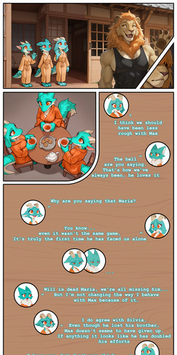 anthro bathrobe chair clothing container cookie cup dialogue female food fur furniture gesture group horn male neck_tuft on_chair orange_eyes robe sitting tail tea_cup tuft waving nonimousmate julia_(nonimousmate) maria_(nonimousmate) max_(nonimousmate) silvia_(nonimousmate) felid furred_kobold kobold lion mammal pantherine absurd_res comic hi_res