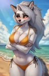 absurd_res anthro beach bedroom_eyes bikini breasts canid canid_demon chest_tuft claws cleavage clothed clothing cloud demon dymaxion elbow_tuft eyebrows female finger_claws fingers grey_body grey_hair hair hellhound hi_res long_hair looking_at_viewer loona_(helluva_boss) mammal midriff narrowed_eyes notched_ear orange_bikini orange_clothing orange_swimwear outside red_sclera seaside seductive side-tie_bikini smile smirk solo standing swimwear tuft white_eyes