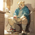 anthro balls bathroom blue_clothing blue_jacket blue_topwear blush bodily_fluids clothed clothing cum cum_everywhere cum_on_body cum_on_face cum_on_ground cum_on_penis cumshot ejaculation embarrassed footwear genital_fluids genitals hi_res hoodie jacket looking_pleasured male mammal masturbation messy overweight overweight_male partially_clothed penile penile_masturbation penis roaraor shoes slightly_chubby smelly sneakers socks solo solo_focus stealth_masturbation sweat tongue tongue_out topwear ursid