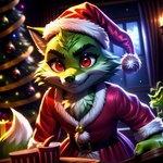 anthro canid canine canis christmas christmas_clothing christmas_headwear clothing evil_grin fox fur green_body green_fur grinch hat headgear headwear hi_res male mammal red_eyes santa_hat smile solo venisoncreampie wolf