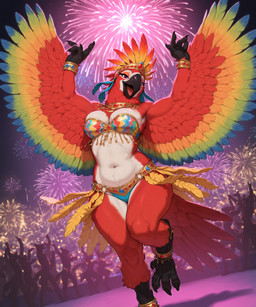 4_fingers 4_toes anklet anthro beak bikini bikini_bottom bikini_top bra bracelet breasts claws clothed clothing dancing feathered_wings feathers feet female fingers fireworks group jewelry looking_at_viewer mostly_nude necklace night nipples non-mammal_breasts non-mammal_nipples open_mouth panties purple_eyes red_body red_feathers skimpy swimwear tail_feathers toes underwear white_body white_feathers wings burioth background_character ara_(genus) avian bird macaw neotropical_parrot parrot scarlet_macaw true_parrot absurd_res hi_res