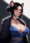 big_breasts black_hair blonde_hair blue_eyes breasts cleavage clothed clothing eyeshadow female gold_(metal) gold_jewelry hair jewelry lips looking_at_viewer makeup necklace purple_eyes solo tan_body thick_bottom_lip updo white_body majorfluffy_(director) hyaenid hybrid mammal hi_res tagme