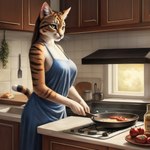 5_fingers anthro apron apron_only breasts clothing cooking cookware female fingers food fruit frying_pan fur holding_object inside kitchen kitchen_utensils mostly_nude multicolored_body multicolored_fur orange_body orange_fur pink_nose plant solo tomato tools whiskers window lalkin domestic_cat felid feline felis mammal