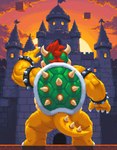 anthro castle claws cloud collar hair horn male nintendo red_hair shell solo spiked_collar spikes spikes_(anatomy) sun sunset unknown_director super_mario_bros bowser koopa scalie digital_media_(artwork) hi_res pixel_(artwork)